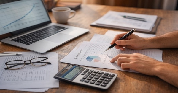 Mortgage simulation with calculator and financial documents on the table